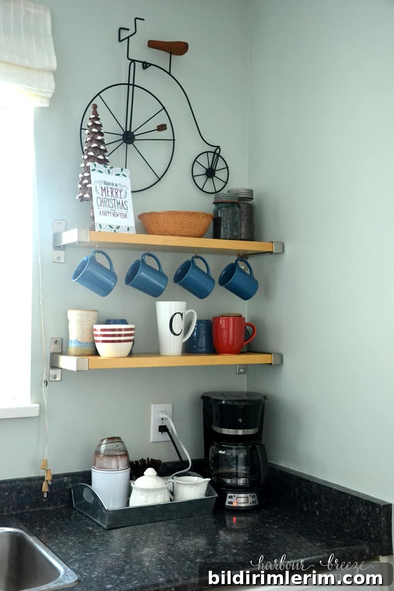 Installed shelves for coffee supplies with mug hooks