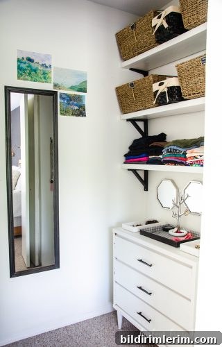 Organized dressing closet with dresser and hanging clothes