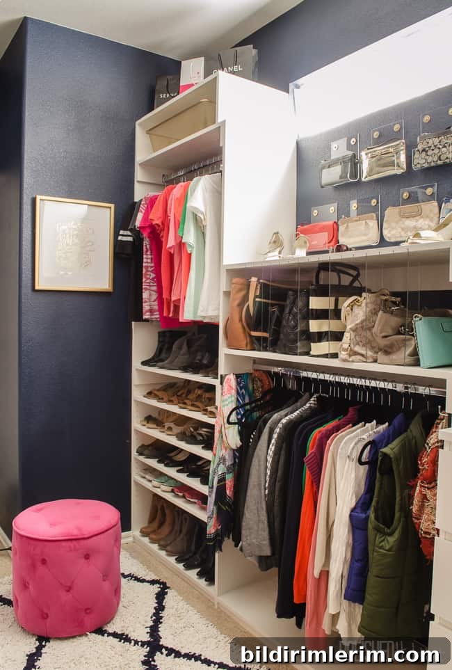 Navy closet with acrylic organizers and visible storage