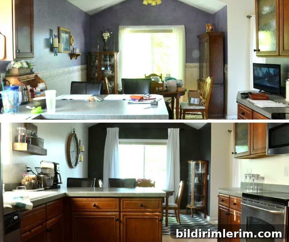 Kitchen Makeover Reveal: Affordable Before and After 15 Before and after looking into the dining room