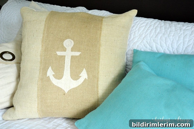 2017 Craft and DIY Project Ideas 4 Burlap anchor pillow displayed on a coastal-style chair