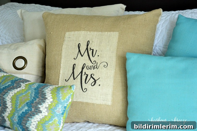 2017 Craft and DIY Project Ideas 5 Printed burlap pillow with Mr and Mrs lettering on a sofa
