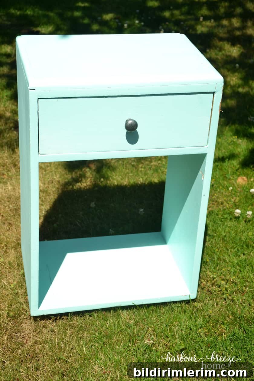 Refinished DIY laptop stand end table painted Benjamin Moore Navel