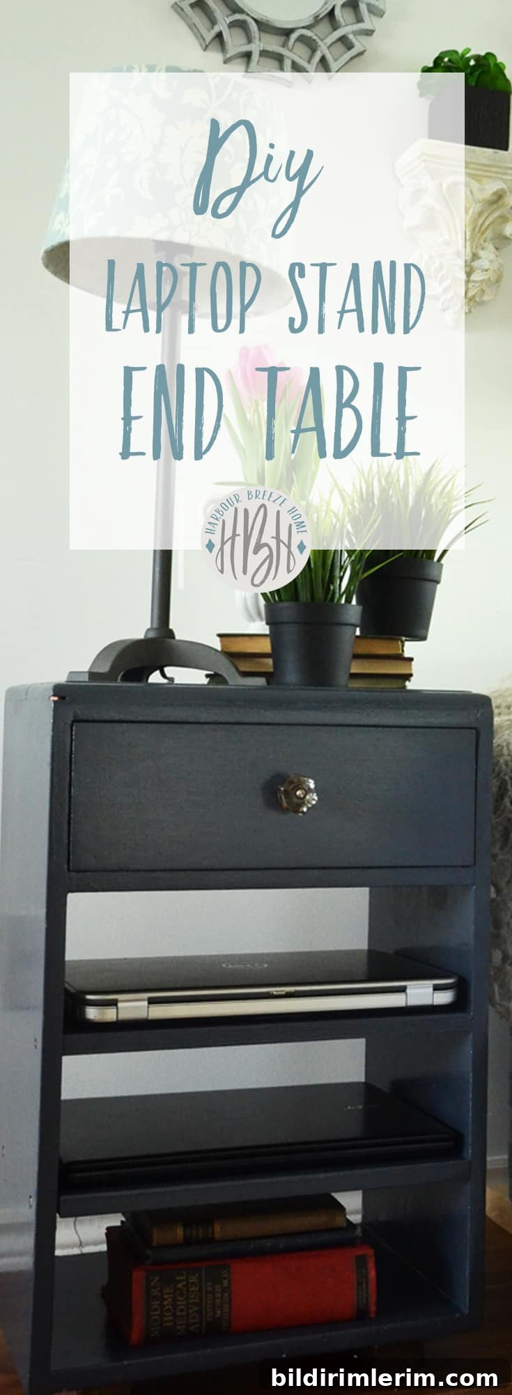 Side view of DIY laptop stand end table in living room