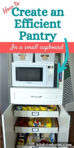 Pantry organization for a small kitchen with DIY pull out shelves.