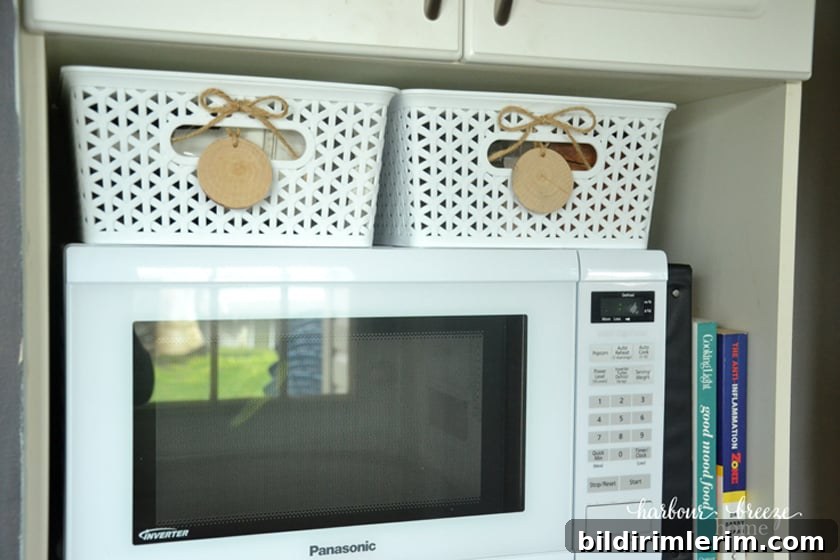 microwave area of a pantry cupboard organization system