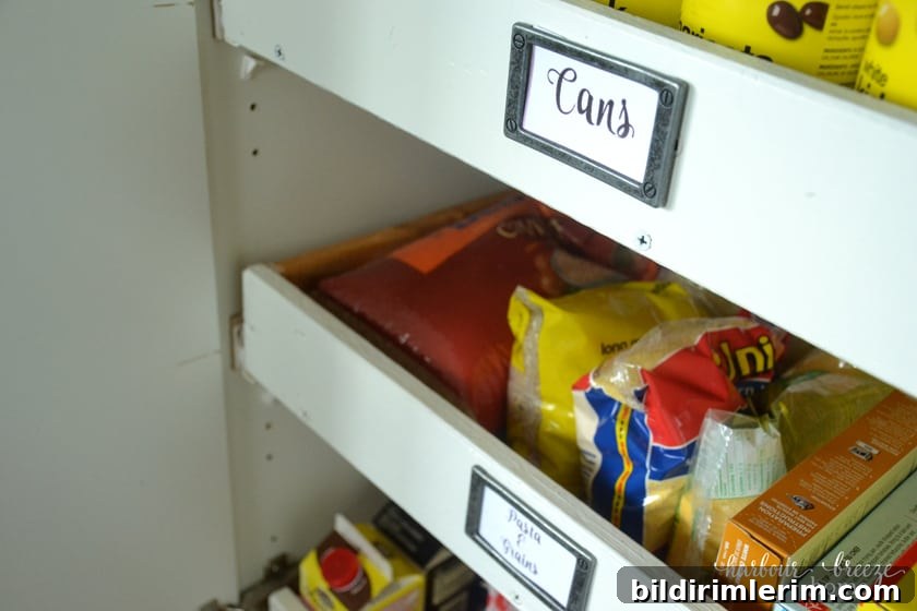 cupboard pantry drawers with grocery items in them