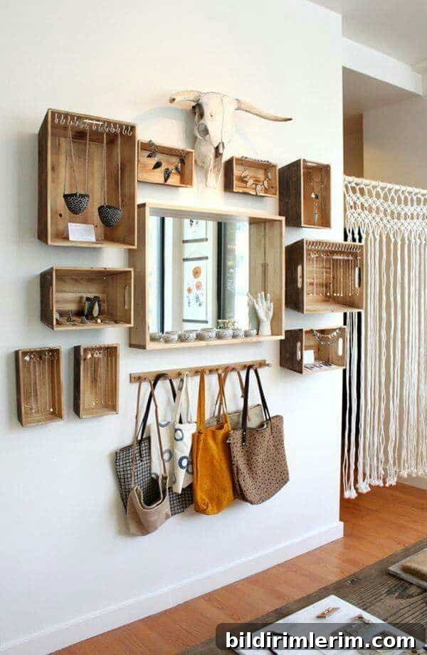 a blank wall becomes a beautiful and functional organization system with hanging wooden boxes with hooks for hanging necklaces, purses, and jewelry