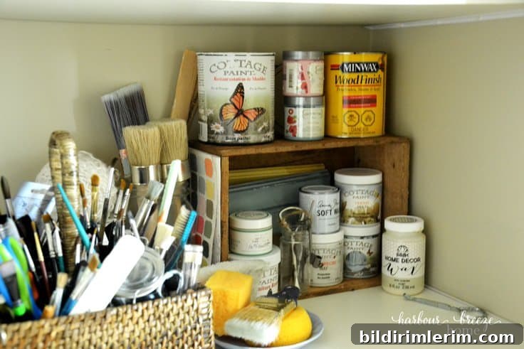 Creative and Beautiful Craft Supply Organization Ideas 5 craft paints and brushes organized on a closet shelf