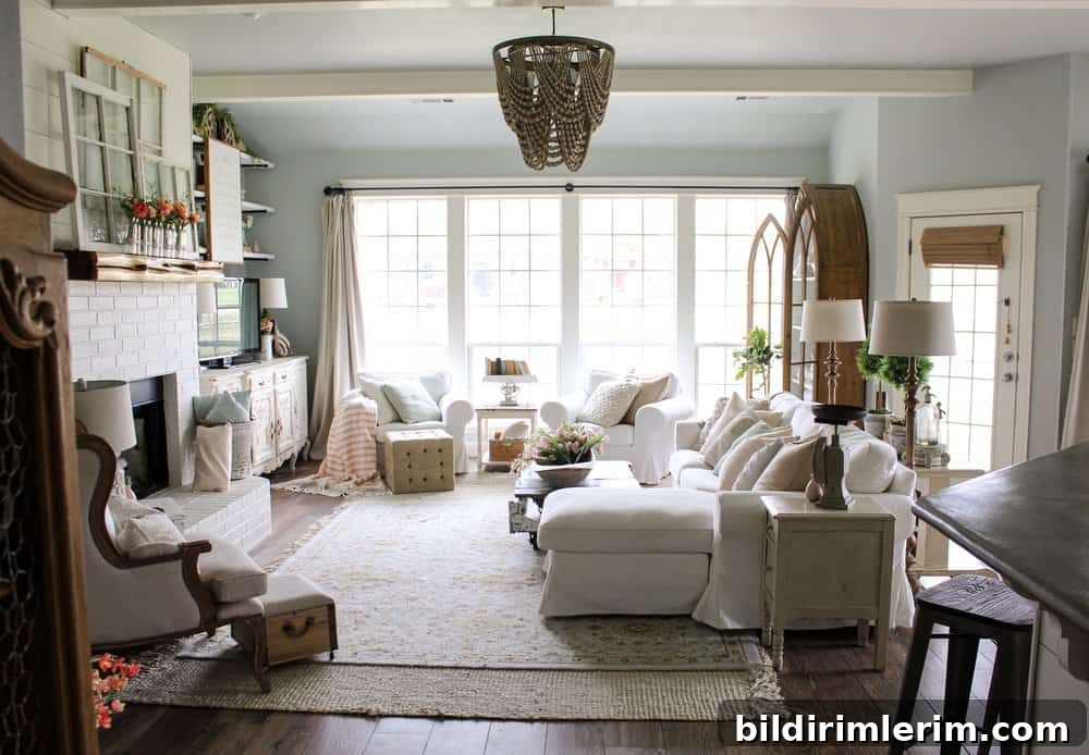 Modern Farmhouse Style Inspiration Sources | Cotton Stem modern farmhouse style living room with white furniture and wood accents
