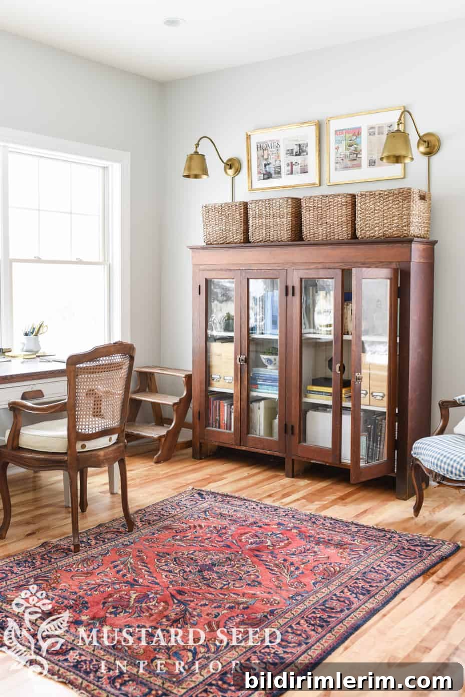 Modern Farmhouse Bloggers to Follow for Home Design 11 picture of office with wood antique hutch and desk