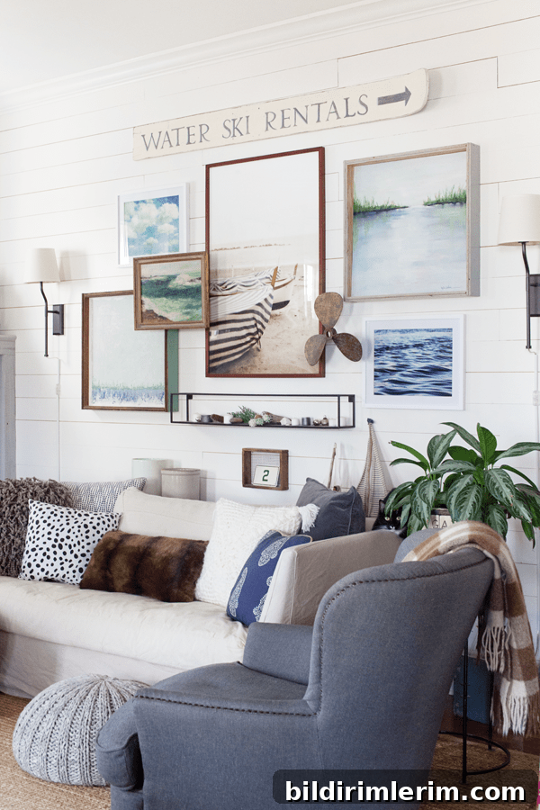 Modern Farmhouse Bloggers to Follow for Home Design 4 White couch with pillows and a gallery wall of pictures behind it