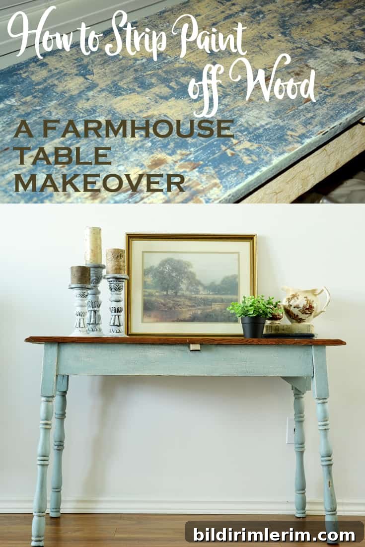 collage of a farmhouse table with a wood stained top and blue legs
