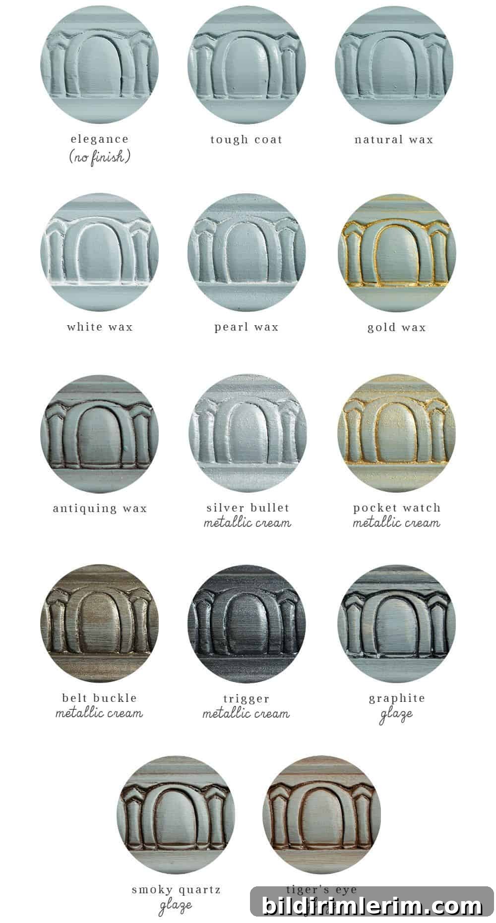 color guide of blue paint with different colors of glaze and wax finishes over it