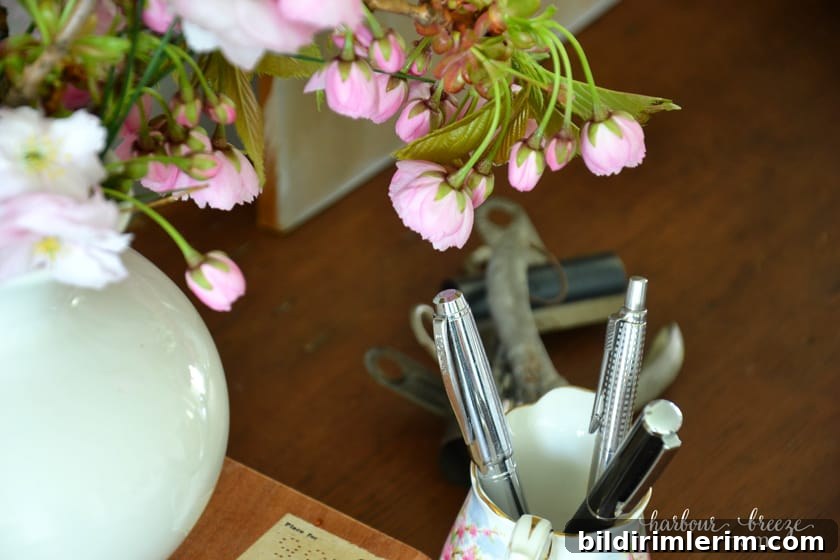 pink flowers on the corner of a desk