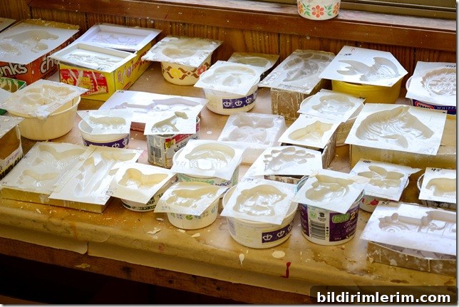 plaster of paris moulds lined up on a table