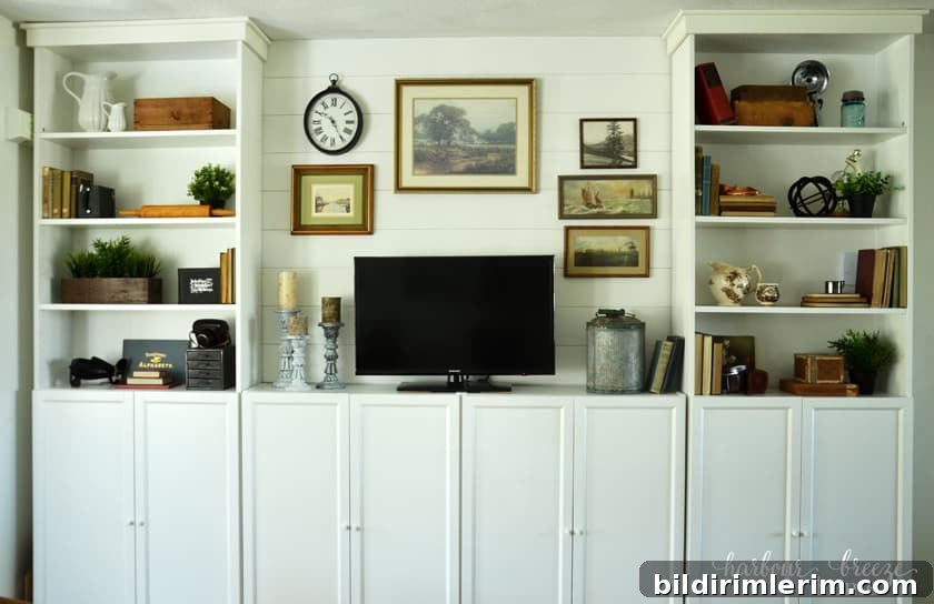 Farmhouse Style Billy Bookcases with Shiplap Wall Treatment