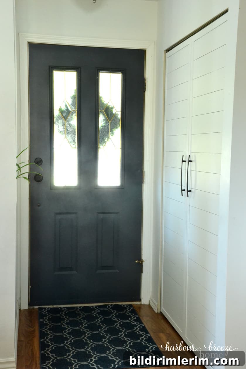 How to paint vinyl door sweeps a custom color The back of a front door painted the color Raccoon Fur by Benjamin Moore