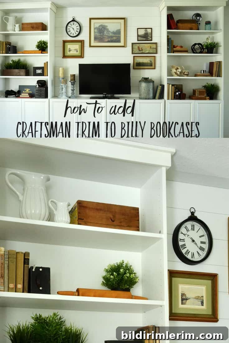 Billy Bookcase system on a wall with a tv in the middle and farmhouse style decor around it.
