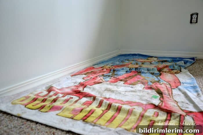 an old towel used as a painter's drop cloth