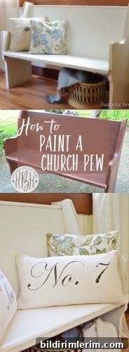 Collage of a wooden church pew that has been painted creamy white