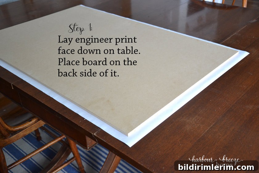 How to Frame and Engineer Print | A Budget Friendly Large Wall Art Project an engineer print laying face down on a table with an mdf board on it