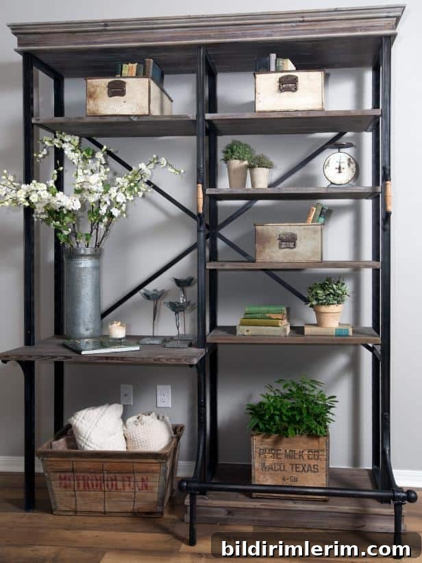 A farmhouse bookshelf that is styled with farmhouse bookshelf decor