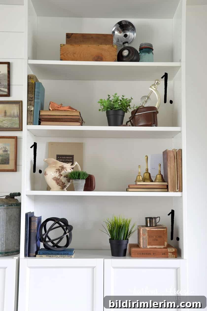 Ikea Billy Bookcase with farmhouse bookshelf decor in it
