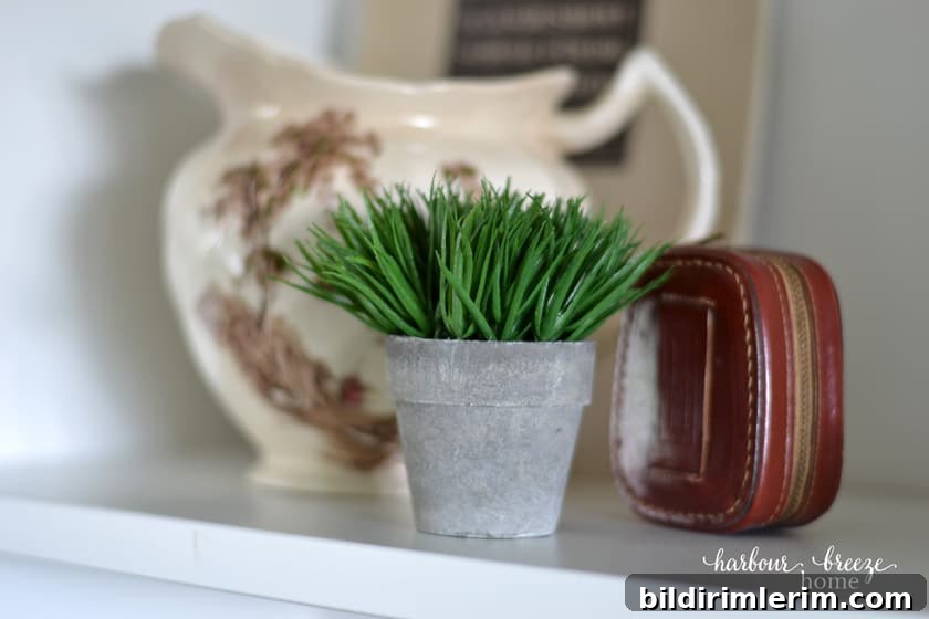 small pot of fake greenery beside an old antique pitcher for a farmhouse bookshelf decor idea