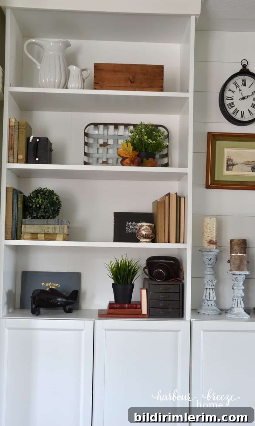 Galvanized metal tray leaning up in the back of a Billy Bookcase with a plant in front of it - a farmhouse bookshelf decor idea