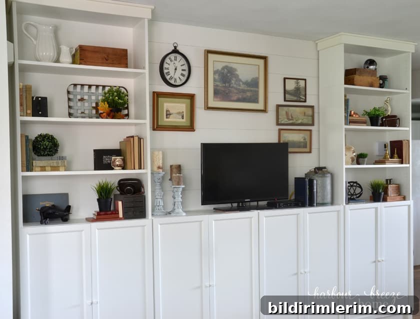 Modern Farmhouse Bookshelf decor in an ikea billy bookcase unit