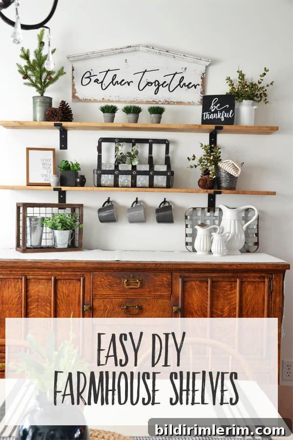 DIY wall shelves with black metal brackets above an antique dining room buffet