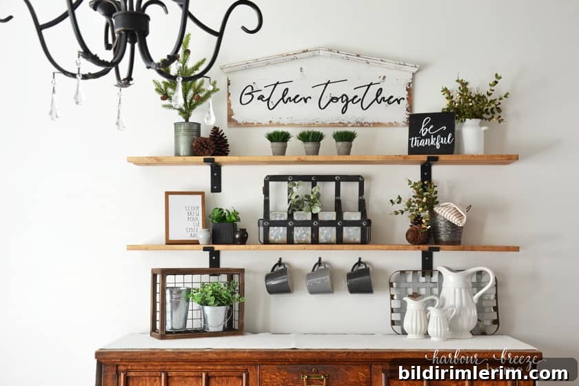 Styled DIY farmhouse shelves above antique buffet