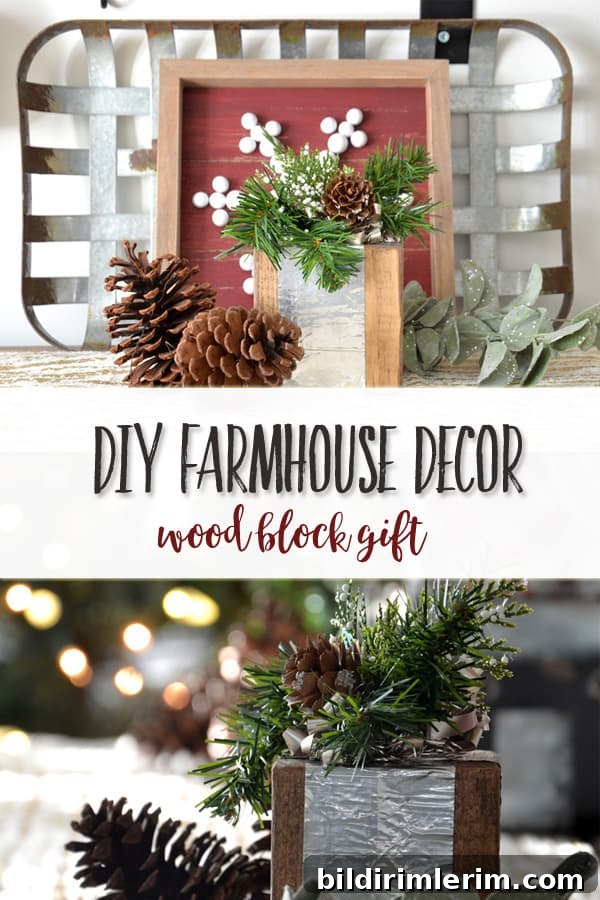 DIY Farmhouse Christmas Decor | Wood Block Gift | This simple and quick farmhouse decor project makes a run rustic element for shelf decor or coffee table styling. 