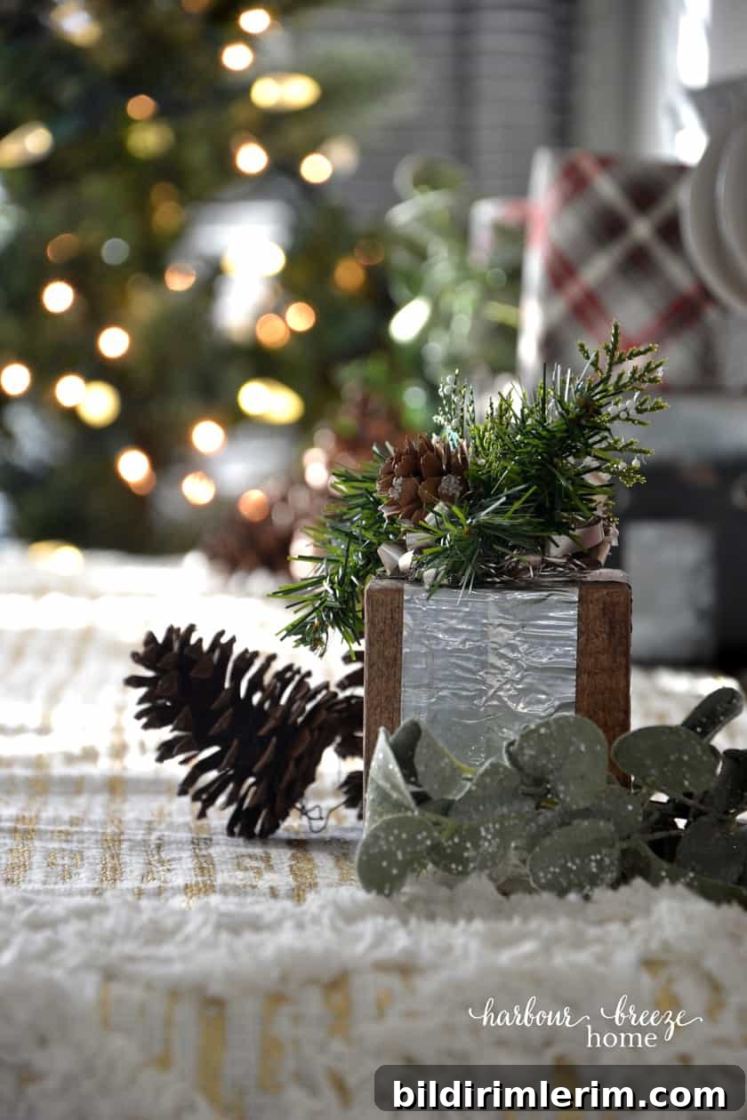 Farmhouse Christmas Decor | Wood block gift with metal ribbon