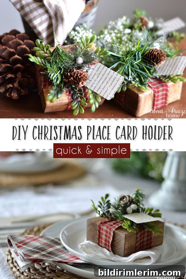 Handmade Farmhouse Christmas Craft DIY Place card holder | This wooden gift place card holder with greenery and pinecones adds a farmhouse touch to the Christmas table. It's quick and easy and super budget friendly! #farmhousechristmas #farmhousechristmasdecor #homemadechristmasdecorations #rustichomedecor #christmastable #christmastabledecorations 