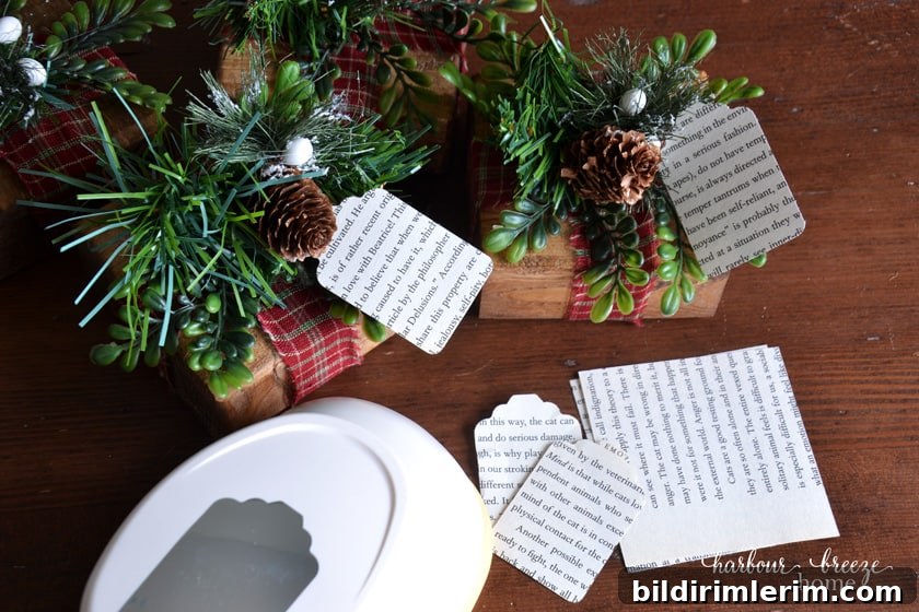 paper name tags punched out and placed on holiday placecard holders