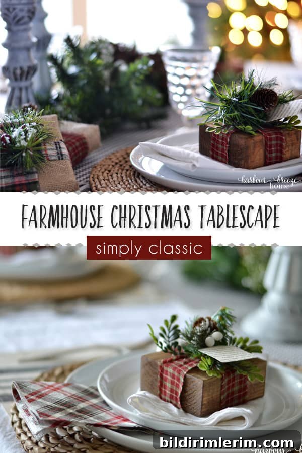 Classic Farmhouse Christmas Tablescape Inspiration 2 Farmhouse Christmas Tablescape | Find decorating ideas for a farmhouse style Christmas table with simple diy farmhouse decor, centerpieces, and place card holders. It's a simply classic look that Joanna Gaines' fans will love! #farmhouse #farmhousechristmas #farmhousetabledecor #diyfarmhouse #diychristmasdecorations