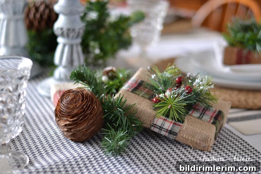 Classic Farmhouse Christmas Tablescape Inspiration 7 burlap wrapped gift centerpiece on a farmhouse christmas table setting