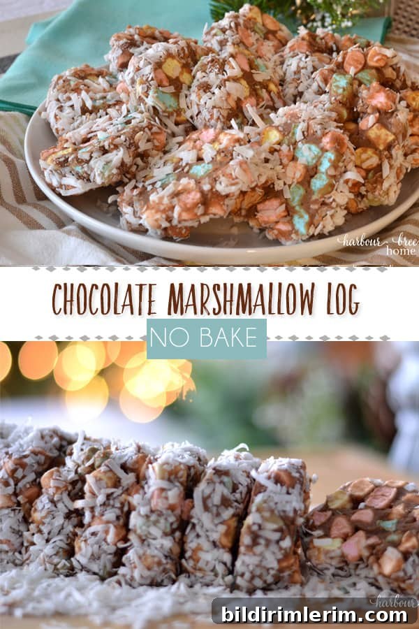 Chocolate Marshmallow Log - Church Window Cookies | This no bake chocolate marshmallow log is an easy no bake holiday treat. Covered in coconut, it is a festive and fun addition to a holiday party or gift. #christmasrecipe #christmasbaking #nobake