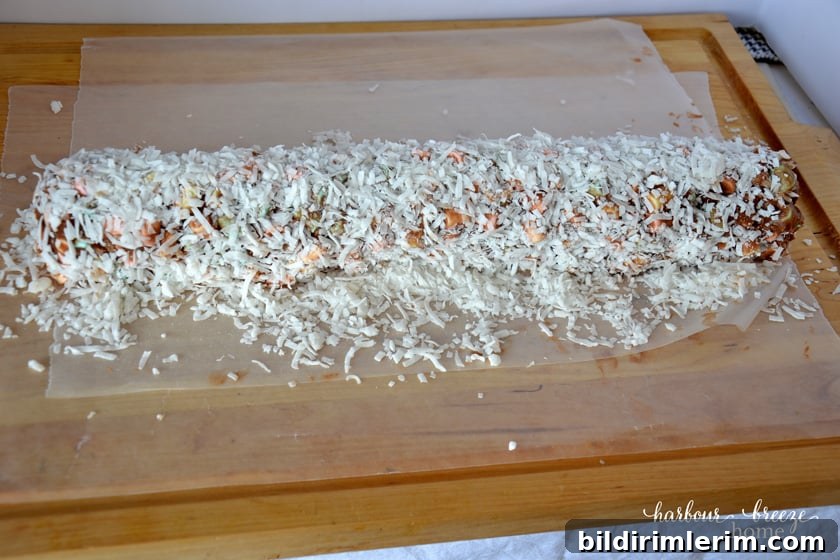 church window cookies in a roll covered in coconut on wax paper