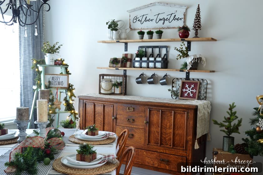 Small ladder with greenery and twinkle lights in corner
