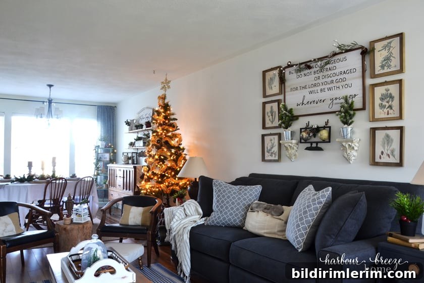 Living room decorated for farmhouse Christmas in a townhouse