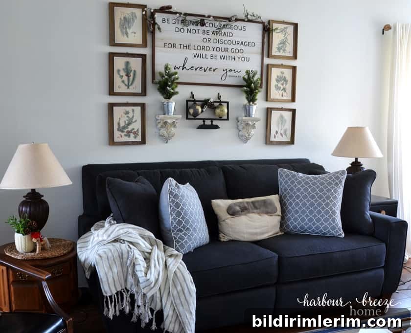 Cozy La-Z-Boy couch in farmhouse Christmas living room