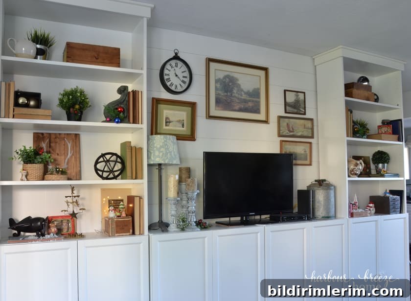 Built-in style Billy bookcases with shiplap center