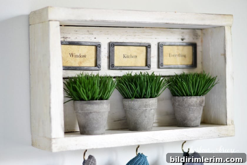 DIY wall shelf with hooks holding cleaning cloths and labels that say "window, kithen, everything"