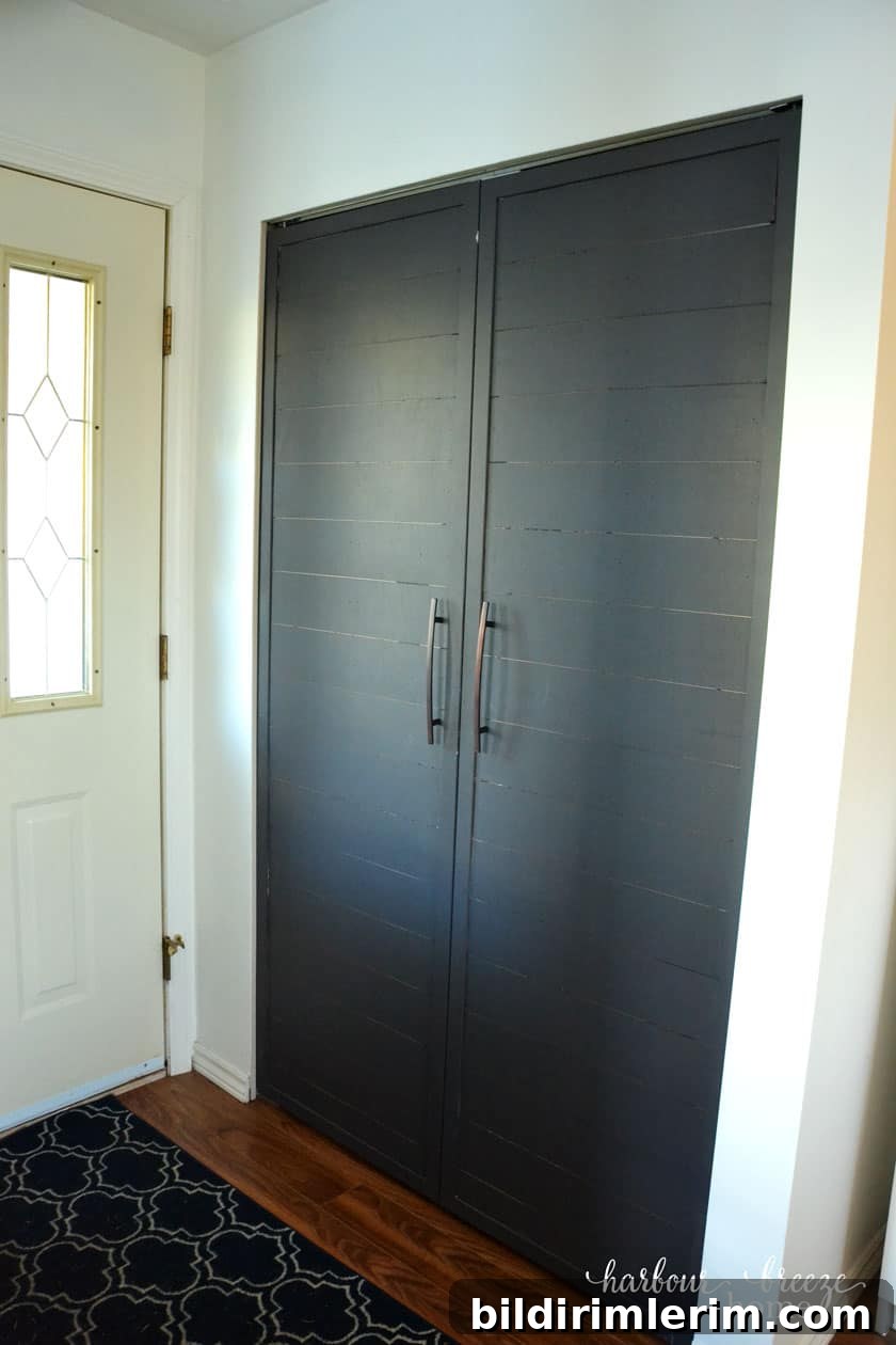 5 Ways to Add Farmhouse Charm to a Small Entryway Closet 4 Bifold closet doors turned into shiplap french doors in a small hallway entryway closet