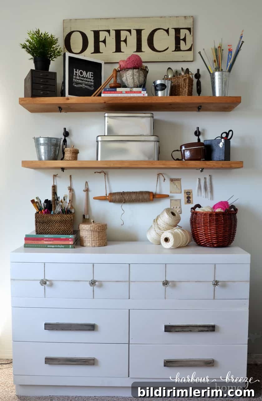 turnbuckle shelves in a craft room