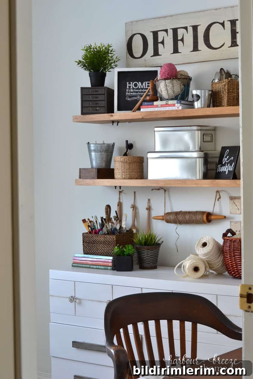 Turbuckle Wood Shelves with craft supplies arranged with farmhouse style decor and greenery