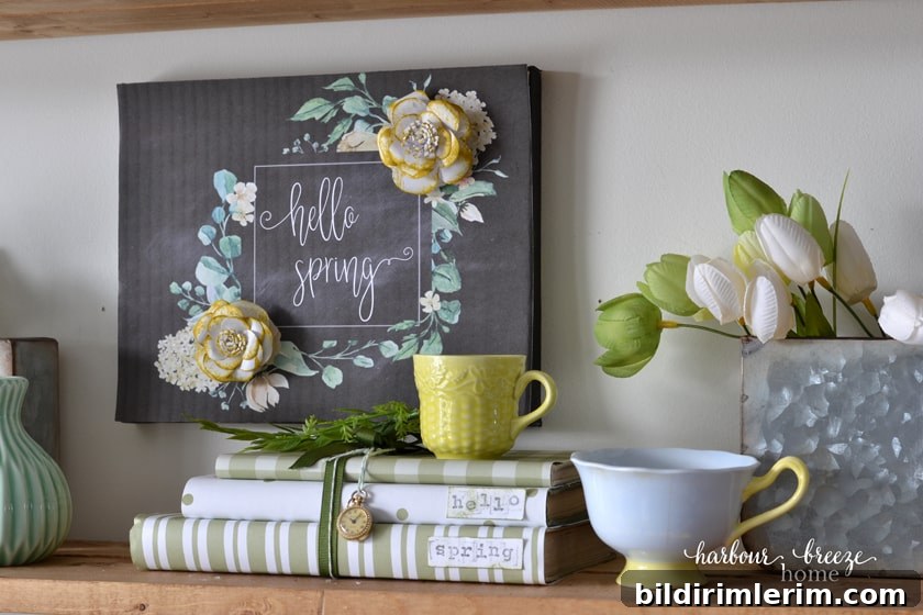 Free printable with flowers on a shelf displayed with spring decor.